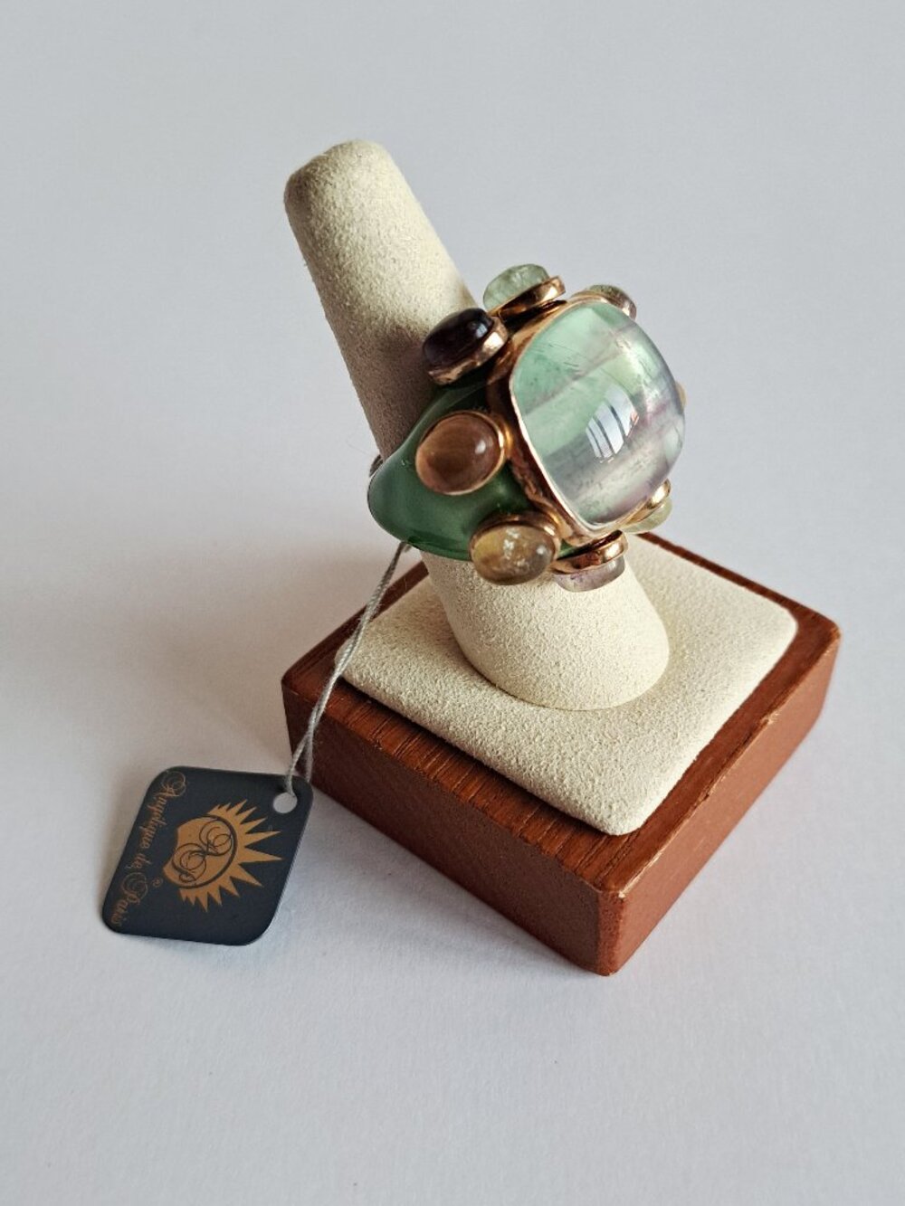 New Angelique de Paris Gold Plated Large Square Green Stones Ring Size 8 - Picture 4 of 17